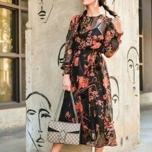 Zara Black Floral Velvet Detail Semi Sheer Midi Dress - Size XS